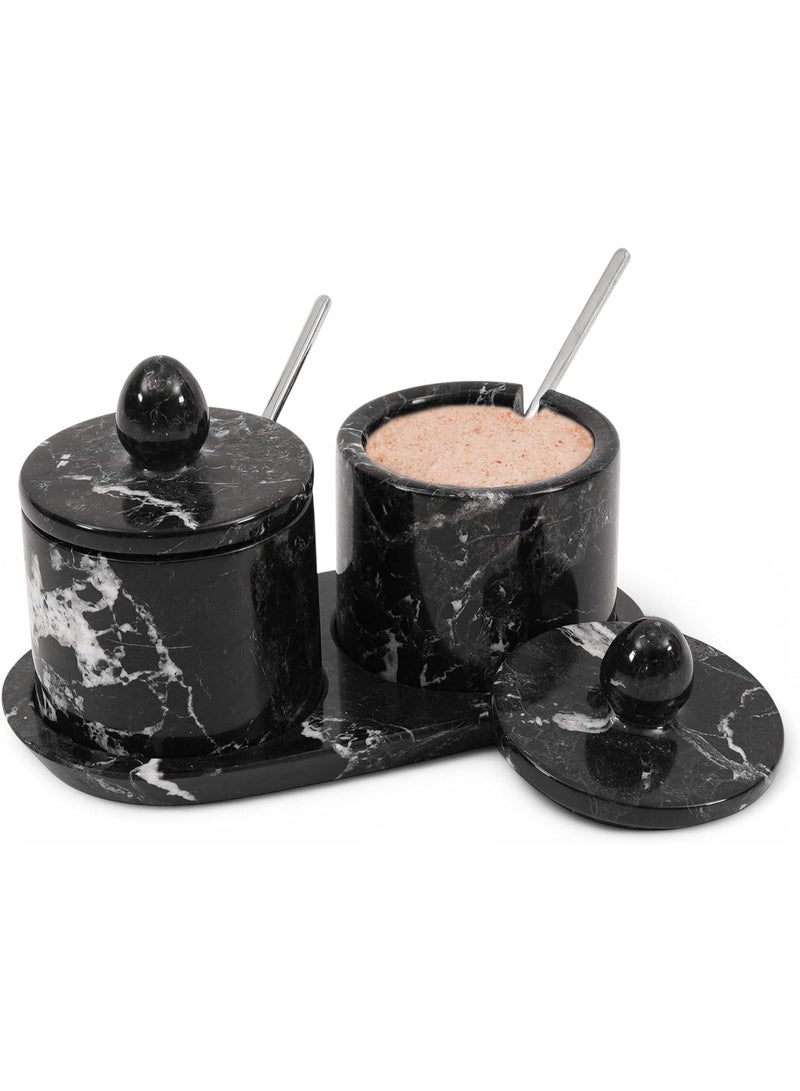 MARBLE RANGE Handmade Black Marble Salt Cellar 4 Inch with Lid & Tray, Set of 2 Seasoning & Spice Jars, Salt Container & Sugar Bowl for Kitchen Countertop, Perfect for Dining, Home, or Gift - Image 1